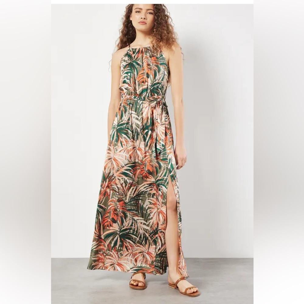 15. Apricot Painterly Tropical Midi Dress